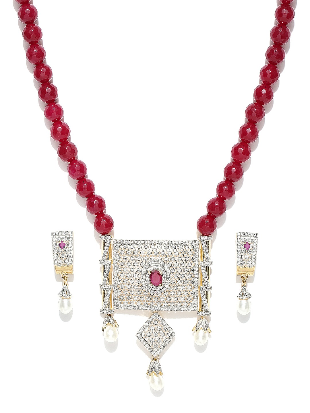 YouBella Red  Silver-Toned American Diamond-Studded Jewellery Set