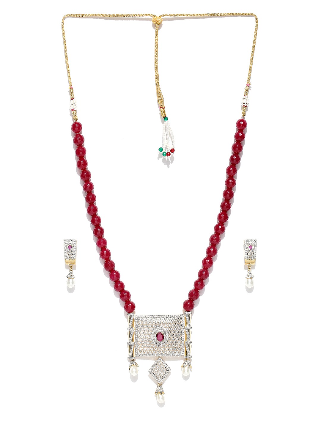 YouBella Red  Silver-Toned American Diamond-Studded Jewellery Set