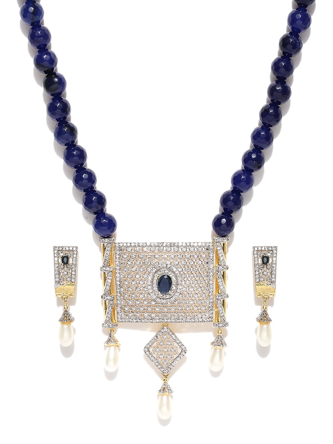 YouBella Navy  Silver-Toned American Diamond-Studded Jewellery Set