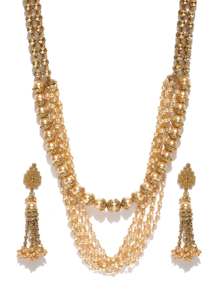 YouBella Off-White Gold-Plated Kundan Stone-Studded Multistranded Jewellery Set
