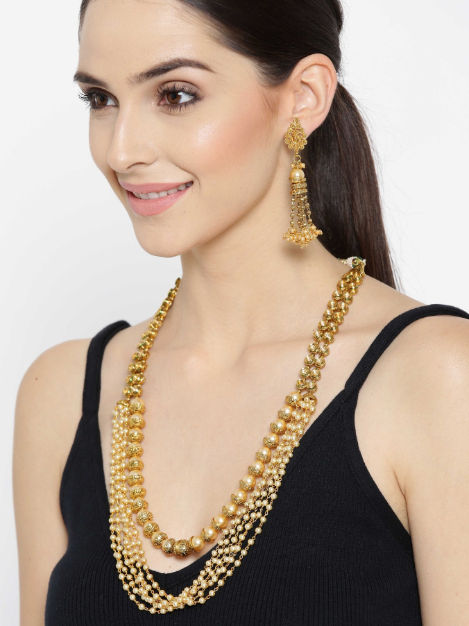 YouBella Off-White Gold-Plated Kundan Stone-Studded Multistranded Jewellery Set