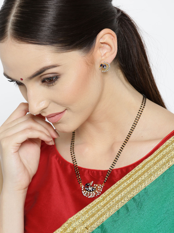 YouBella Black Gold-Plated Stone-Studded Peacock-Shaped Mangalsutra  Earrings Set