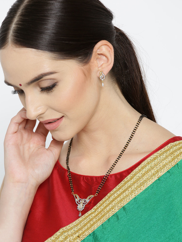 YouBella Black Gold-Plated Stone-Studded Mangalsutra  Earrings Set