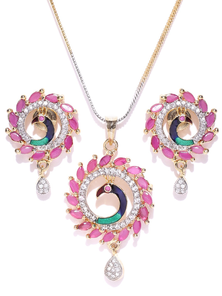 YouBella Pink  Gold-Toned Peacock-Shaped Stone-Studded Jewellery Set