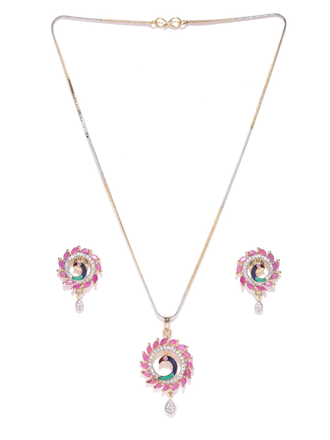 YouBella Pink  Gold-Toned Peacock-Shaped Stone-Studded Jewellery Set