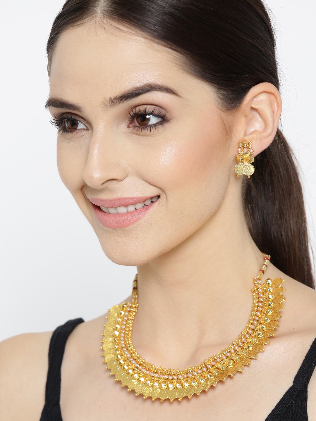 YouBella Jewellery Pearl Temple Coin Traditional Necklace Set for Women Jewellery with Earrings for Women