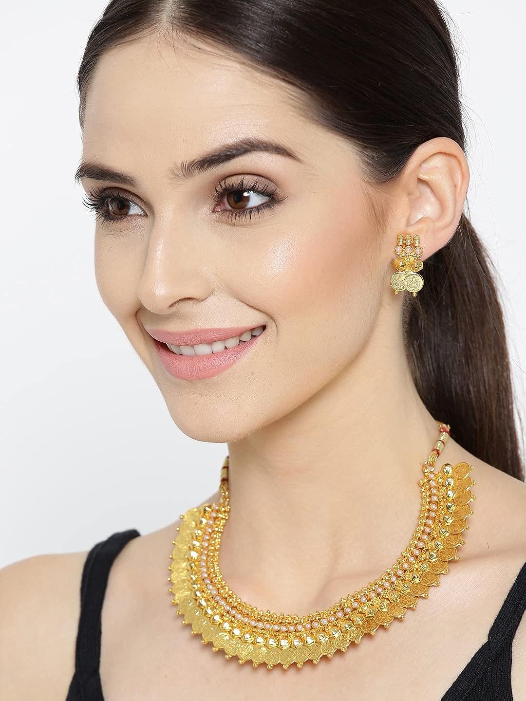 YouBella Jewellery Pearl Temple Coin Traditional Necklace Set for Women Jewellery with Earrings for Women