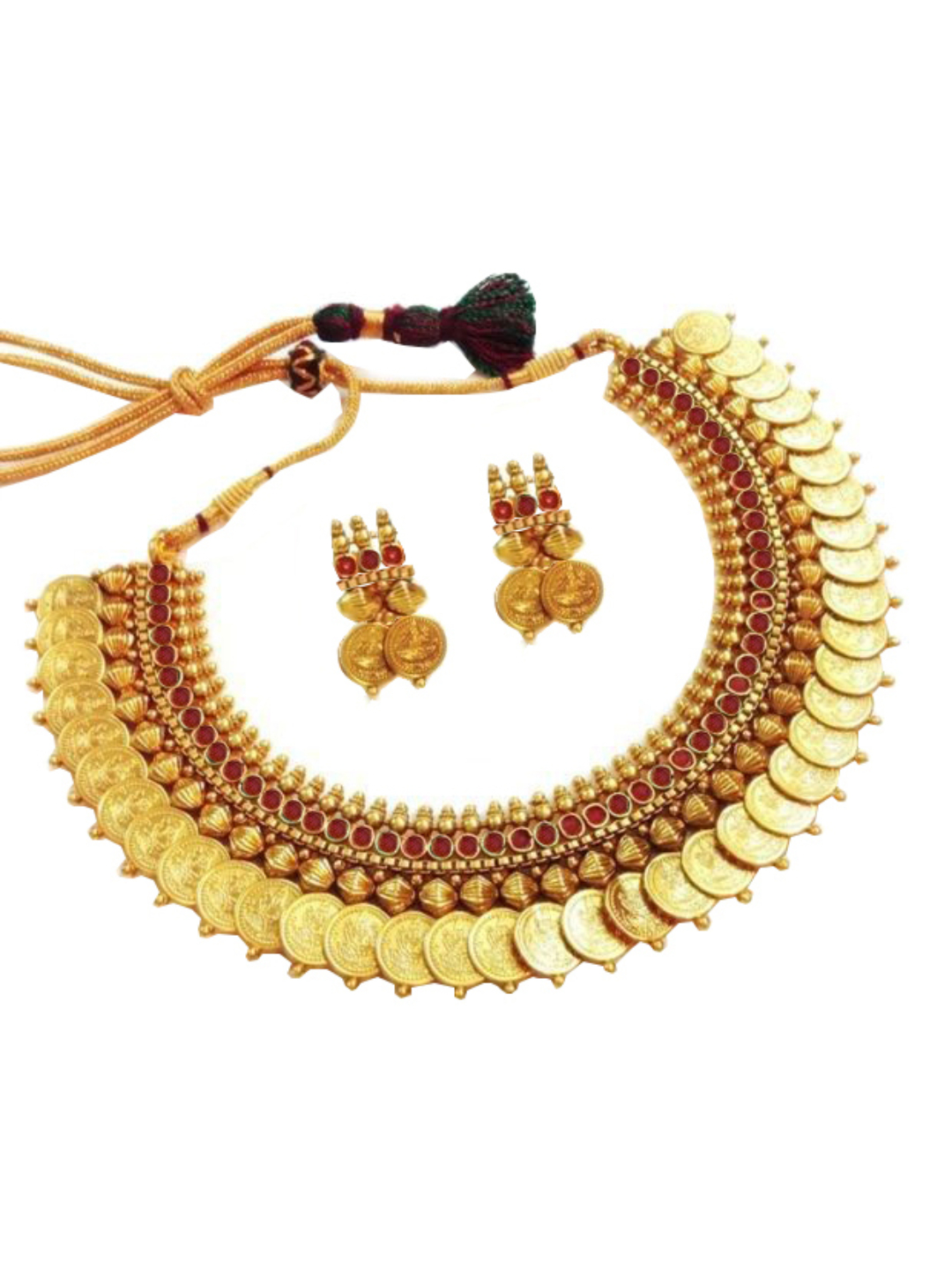 Youbella Red Gold Plated Temple Coin Necklace Set With Earrings For Women
