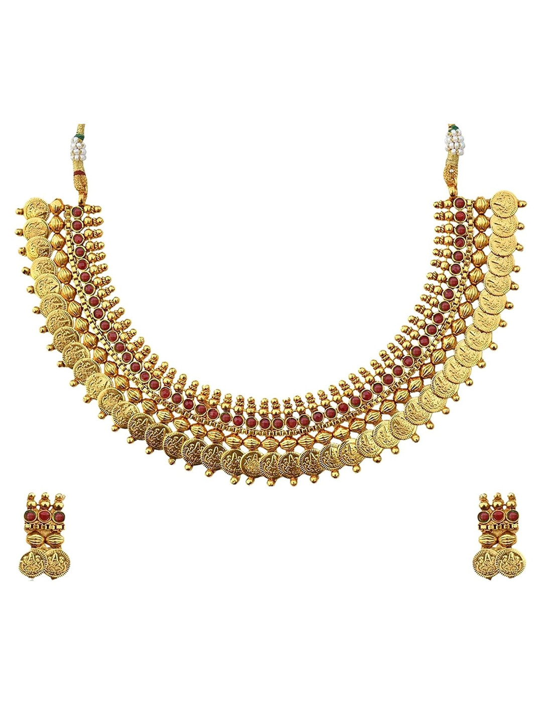 Youbella Red Gold Plated Temple Coin Necklace Set With Earrings For Women