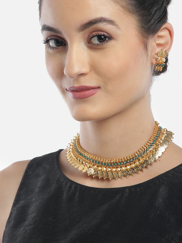 YouBella Green Gold Plated Beaded Coin Jewellery Set