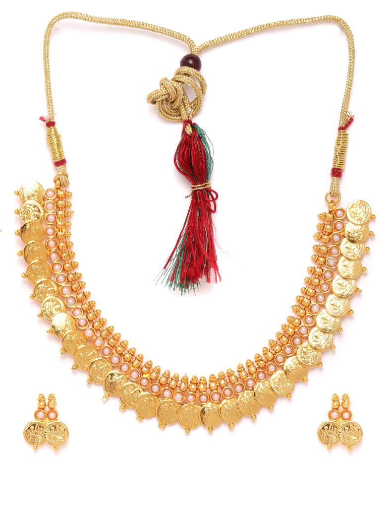YouBella Off-White Gold Plated Beaded Coin Jewellery Set