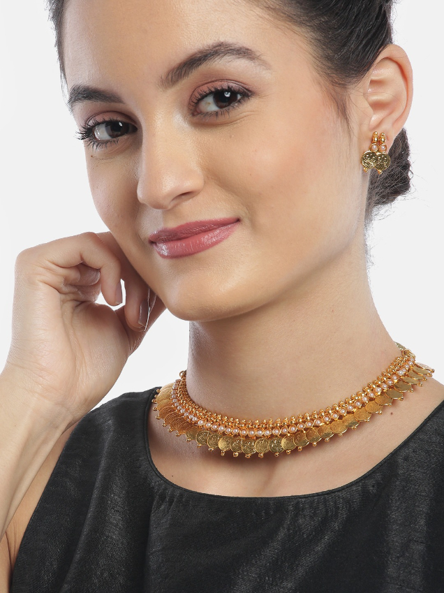 YouBella Off-White Gold Plated Beaded Coin Jewellery Set