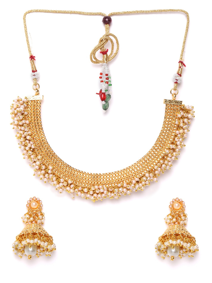 YouBella Off-White Gold Plated Textured Beaded Jewellery Set