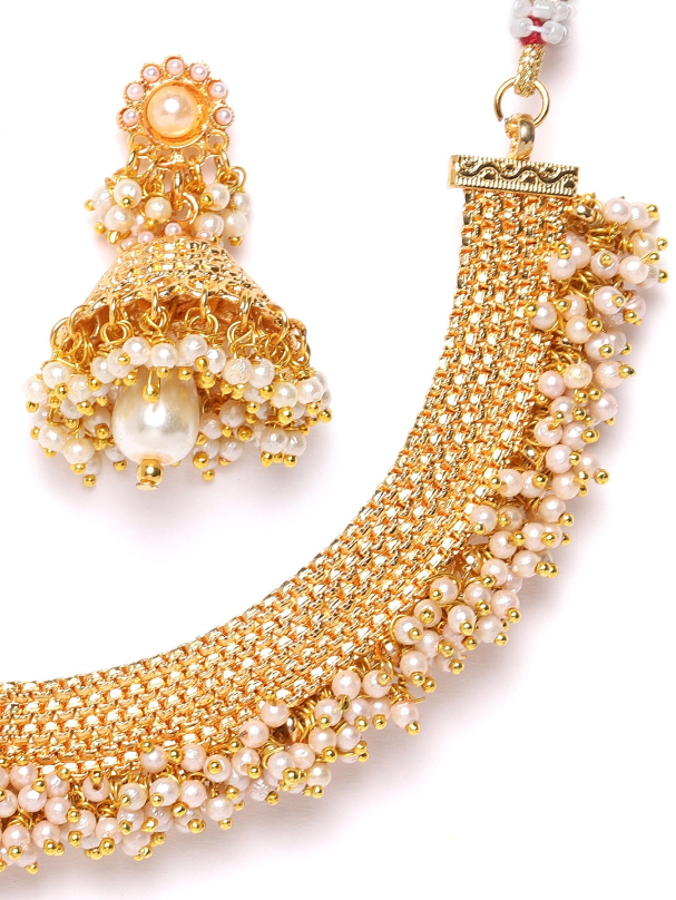 YouBella Off-White Gold Plated Textured Beaded Jewellery Set