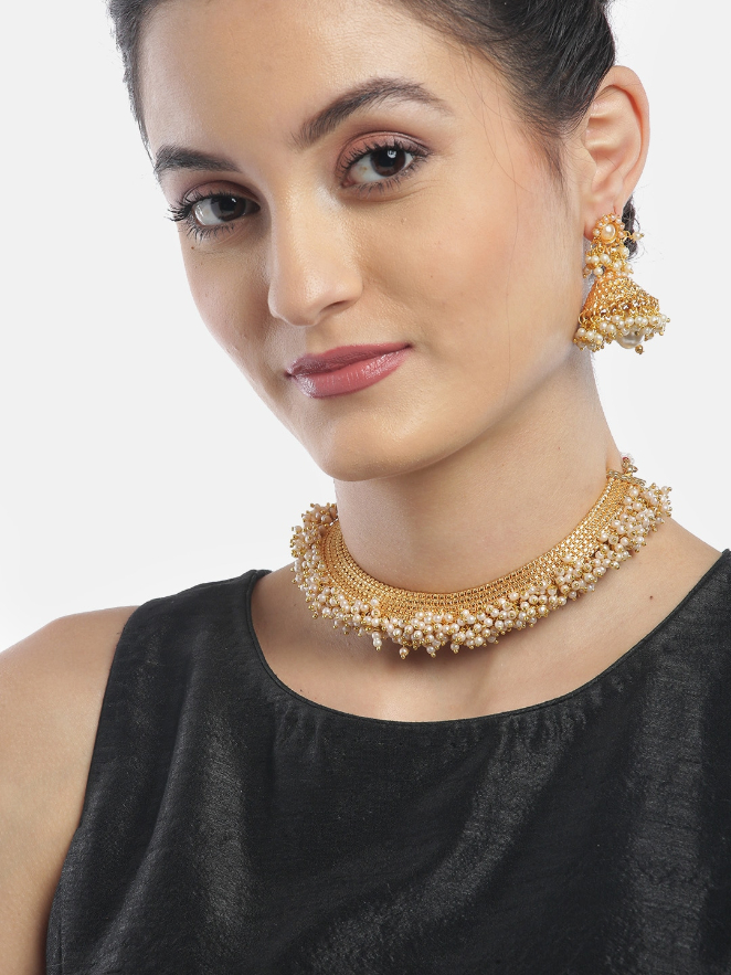 YouBella Off-White Gold Plated Textured Beaded Jewellery Set
