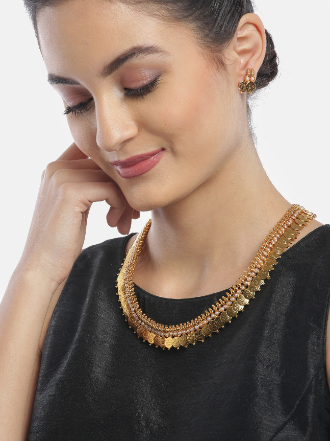 YouBella Off-White Gold Plated Beaded Coin Jewellery Set