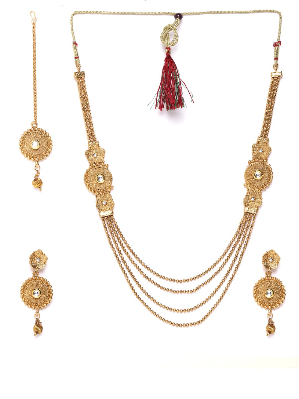 YouBella Gold-Plated Textured Kundan Studded Layered Jewellery Set with Maang Tika