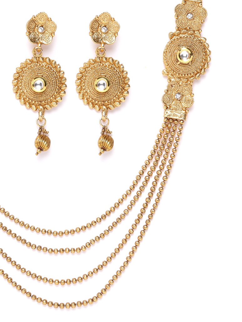 YouBella Gold-Plated Textured Kundan Studded Layered Jewellery Set with Maang Tika