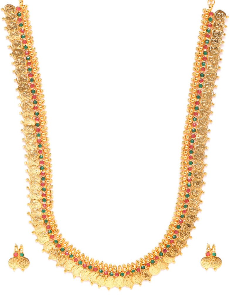 YouBella Green  Magenta Gold-Plated Stone Studded Goddess Laxmi Jewellery Set