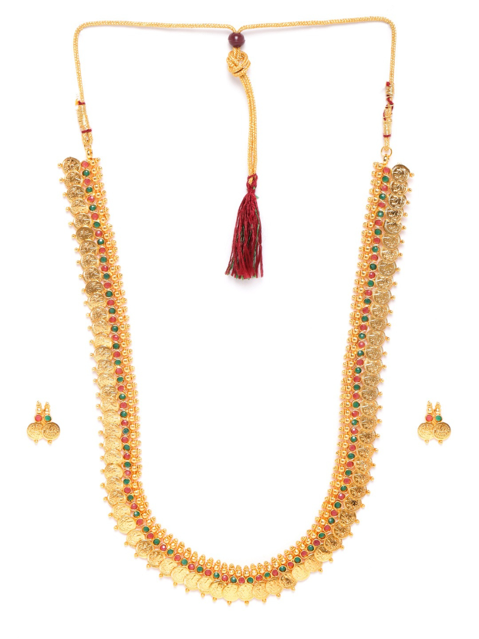 YouBella Green  Magenta Gold-Plated Stone Studded Goddess Laxmi Jewellery Set