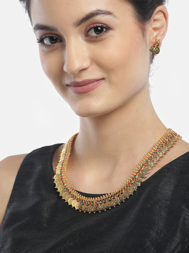 YouBella Green  Magenta Gold-Plated Stone Studded Goddess Laxmi Jewellery Set