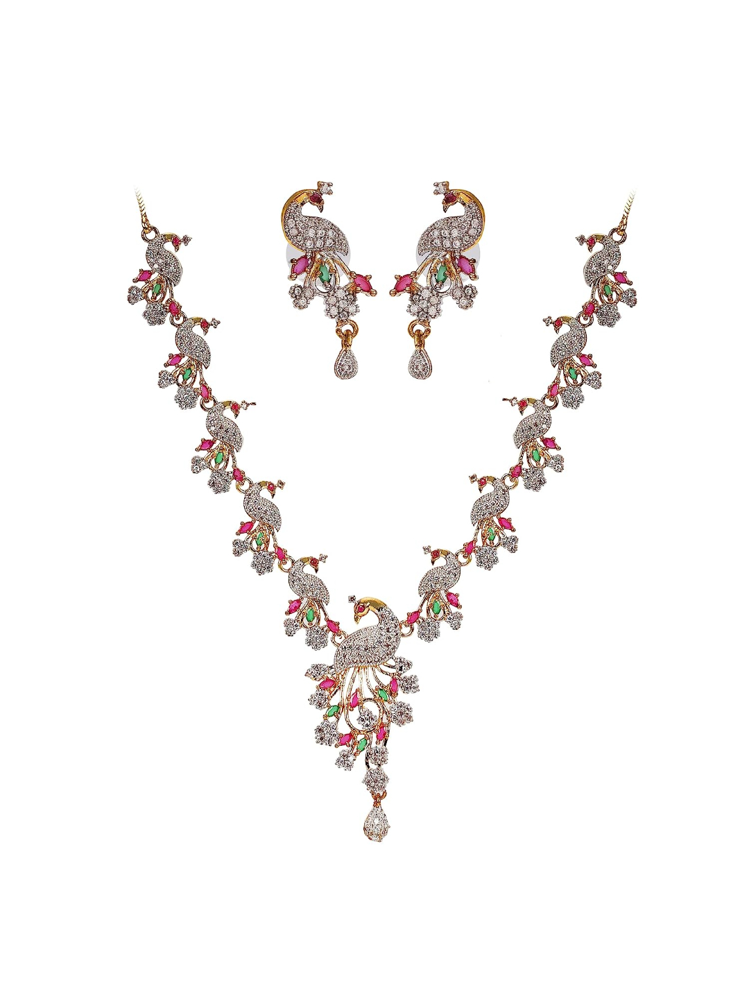 YouBella Jewellery American Diamond Peacock Style Necklace Jewellery Set for Women and Girls, Multi-Color, Medium (YBNK_50131)