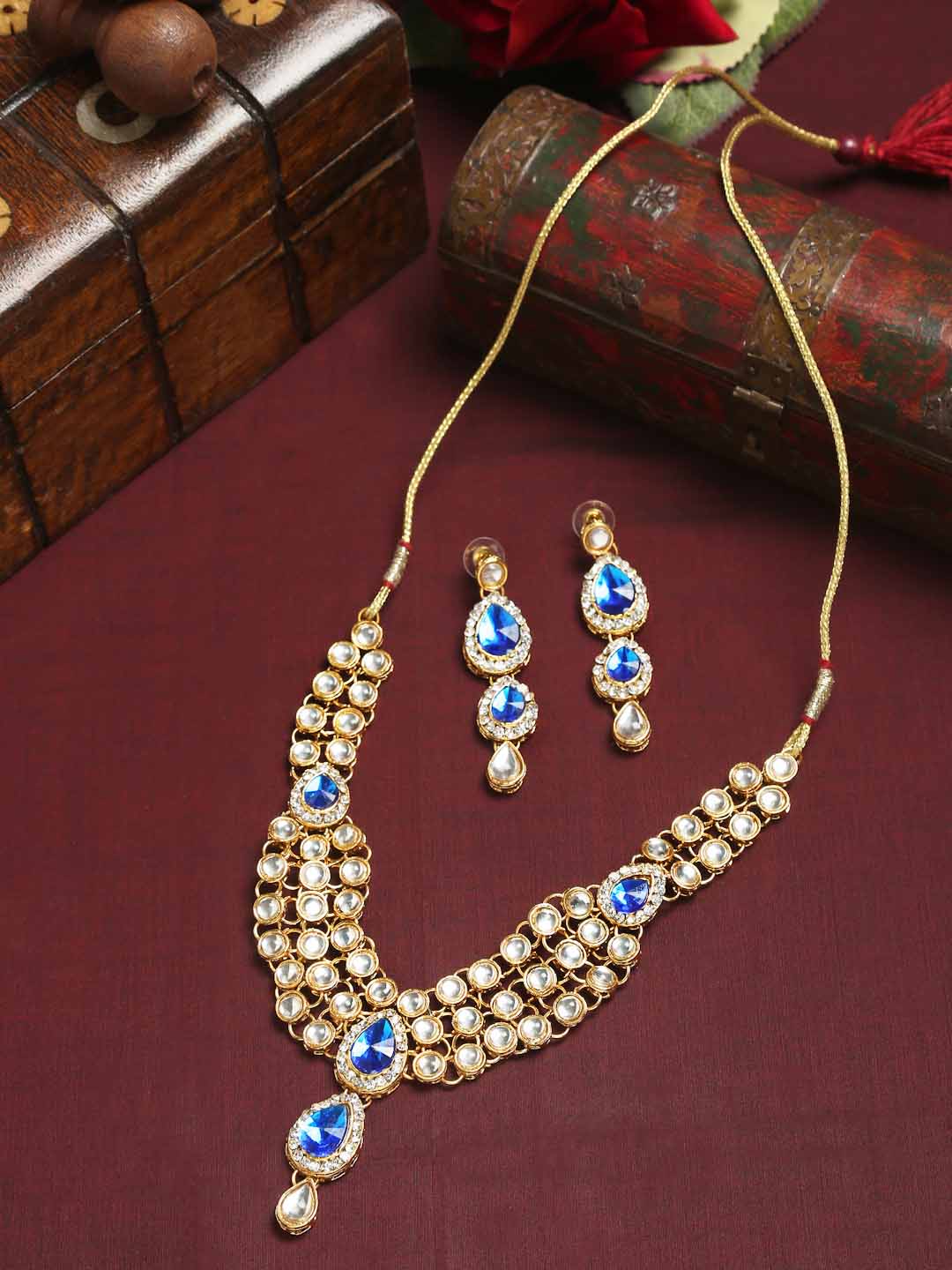 YouBella Gold-Plated & Blue Stone Studded Jewellery Set