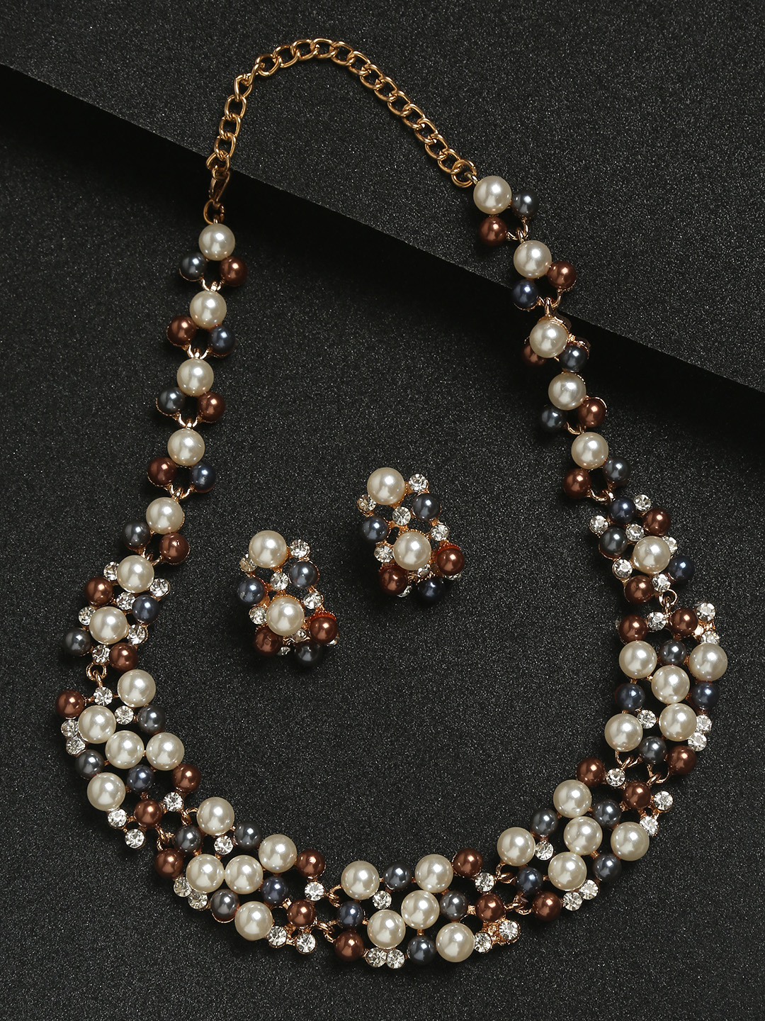 YouBella Gold-Plated Brown & White Stone-Studded Jewellery Set