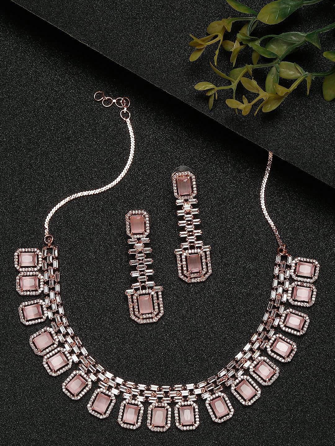 YouBella Jewellery Celebrity Inspired Rose Gold Plated Jewellery Set with Earrings for Girls and Women (YBNK_50442) (Pink)