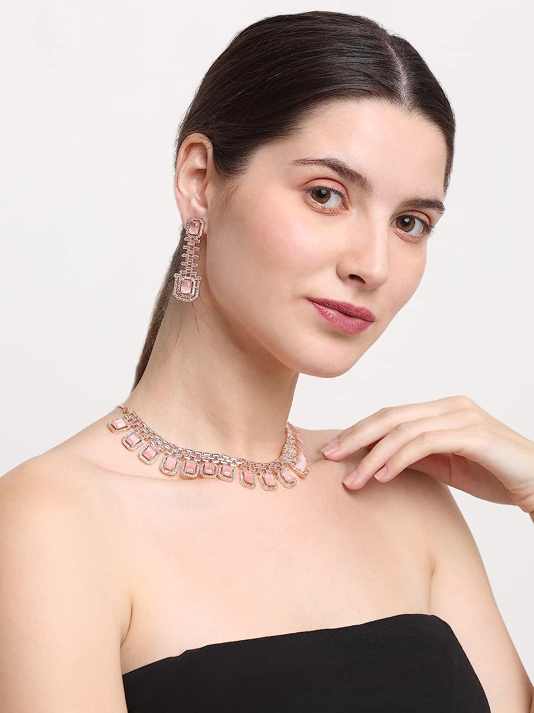 YouBella Jewellery Celebrity Inspired Rose Gold Plated Jewellery Set with Earrings for Girls and Women (YBNK_50442) (Pink)