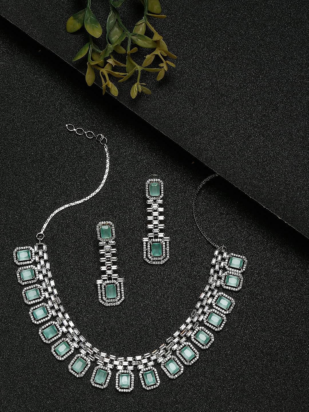 YouBella Jewellery Celebrity Inspired Silver Plated Jewellery Set with Earrings for Girls and Women (YBNK_50443) (Green)