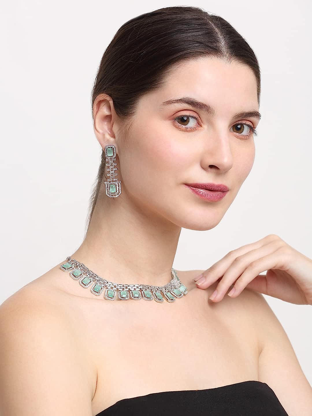 YouBella Jewellery Celebrity Inspired Silver Plated Jewellery Set with Earrings for Girls and Women (YBNK_50443) (Green)