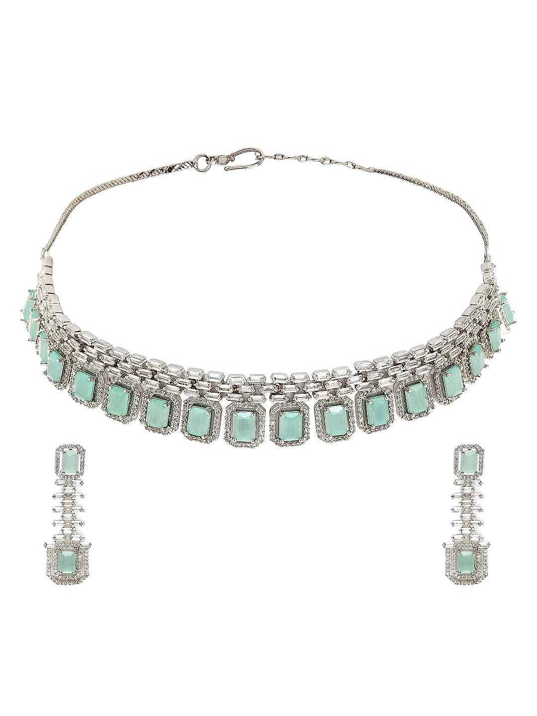 YouBella Jewellery Celebrity Inspired Silver Plated Jewellery Set with Earrings for Girls and Women (YBNK_50443) (Green)