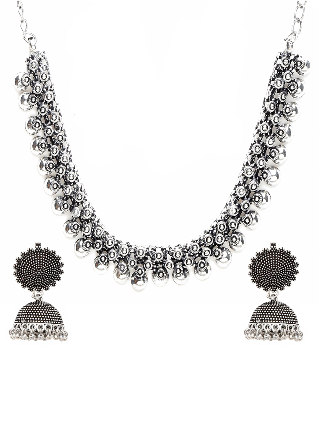 YouBella Jewellery Set for Women Oxidised Silver TradItional Necklace Jewellery Set with Earrings , Rings and Nose Clip for Girls and Women (Style 1)