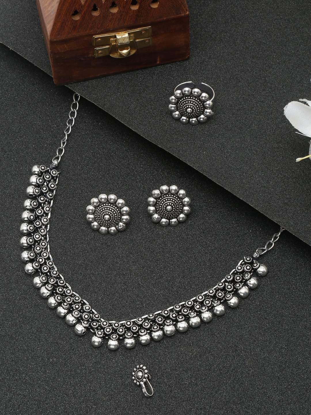 YouBella Jewellery Set for Women Oxidised Silver TradItional Necklace Jewellery Set with Earrings , Rings and Nose Clip for Girls and Women (Style 2)