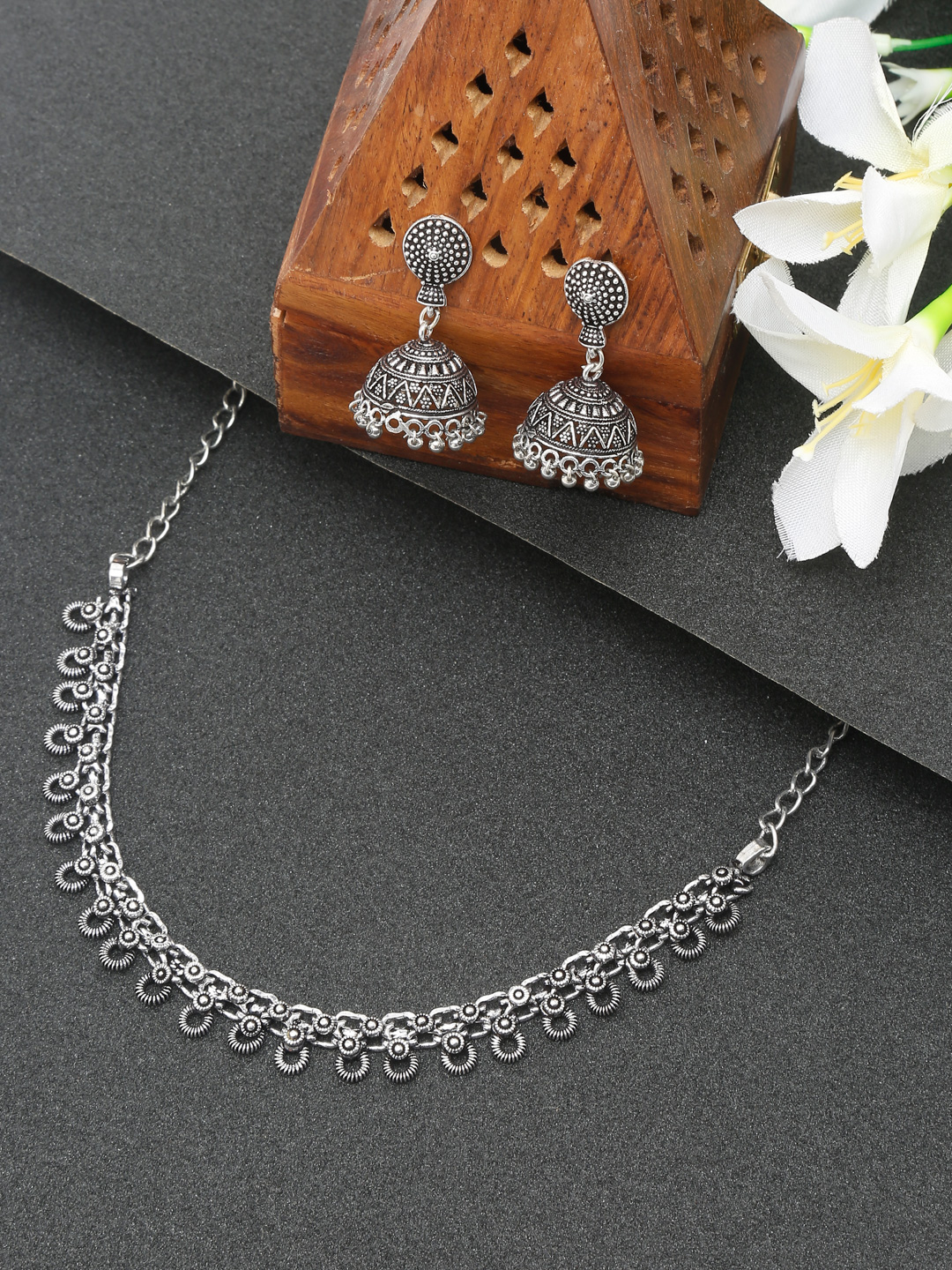 YouBella Jewellery Set for Women Oxidised Silver TradItional Necklace Jewellery Set with Earrings , Rings and Nose Clip for Girls and Women (Style 3)