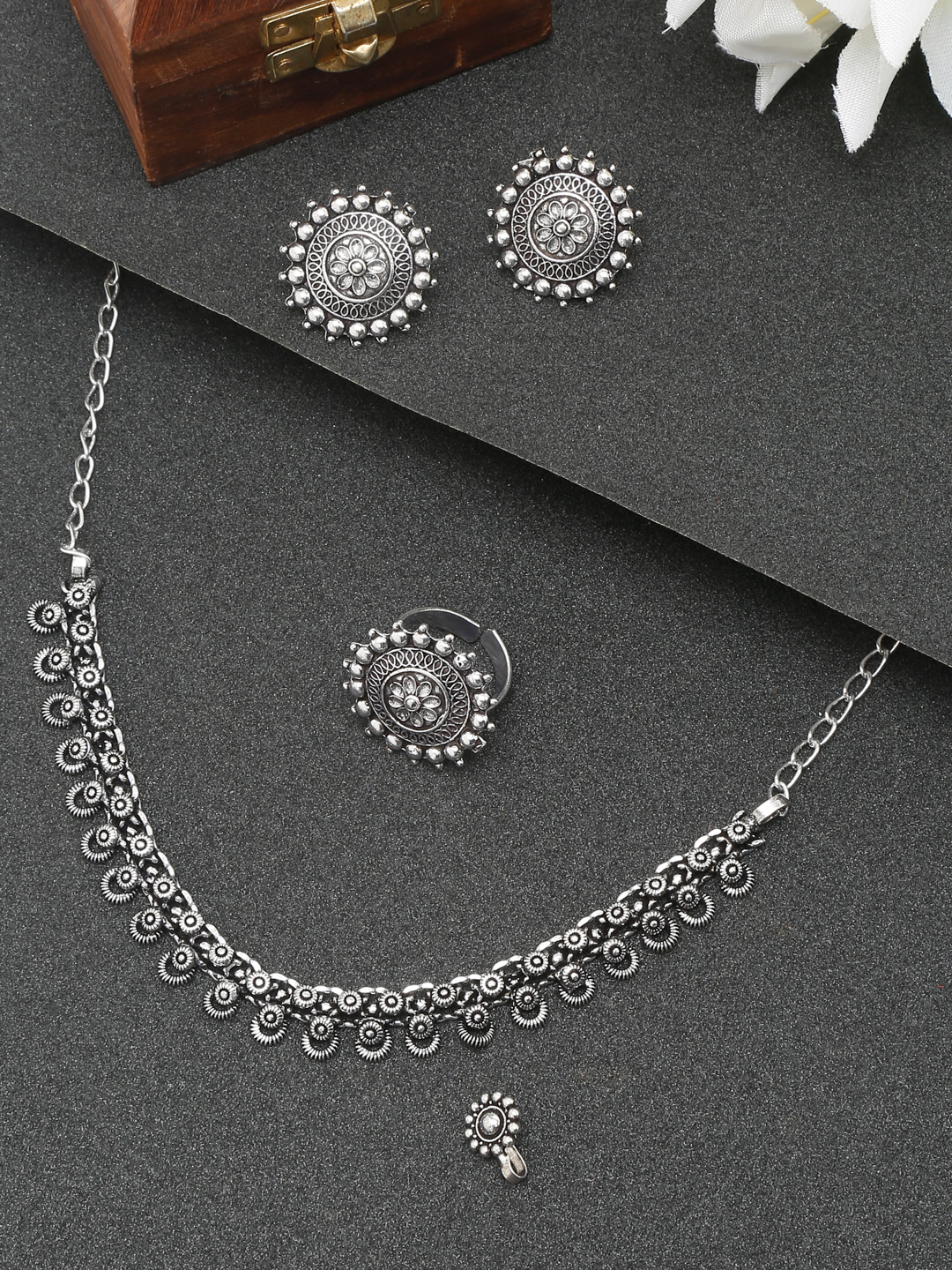 YouBella Jewellery Set for Women Oxidised Silver TradItional Necklace Jewellery Set with Earrings , Rings and Nose Clip for Girls and Women (Style 4)