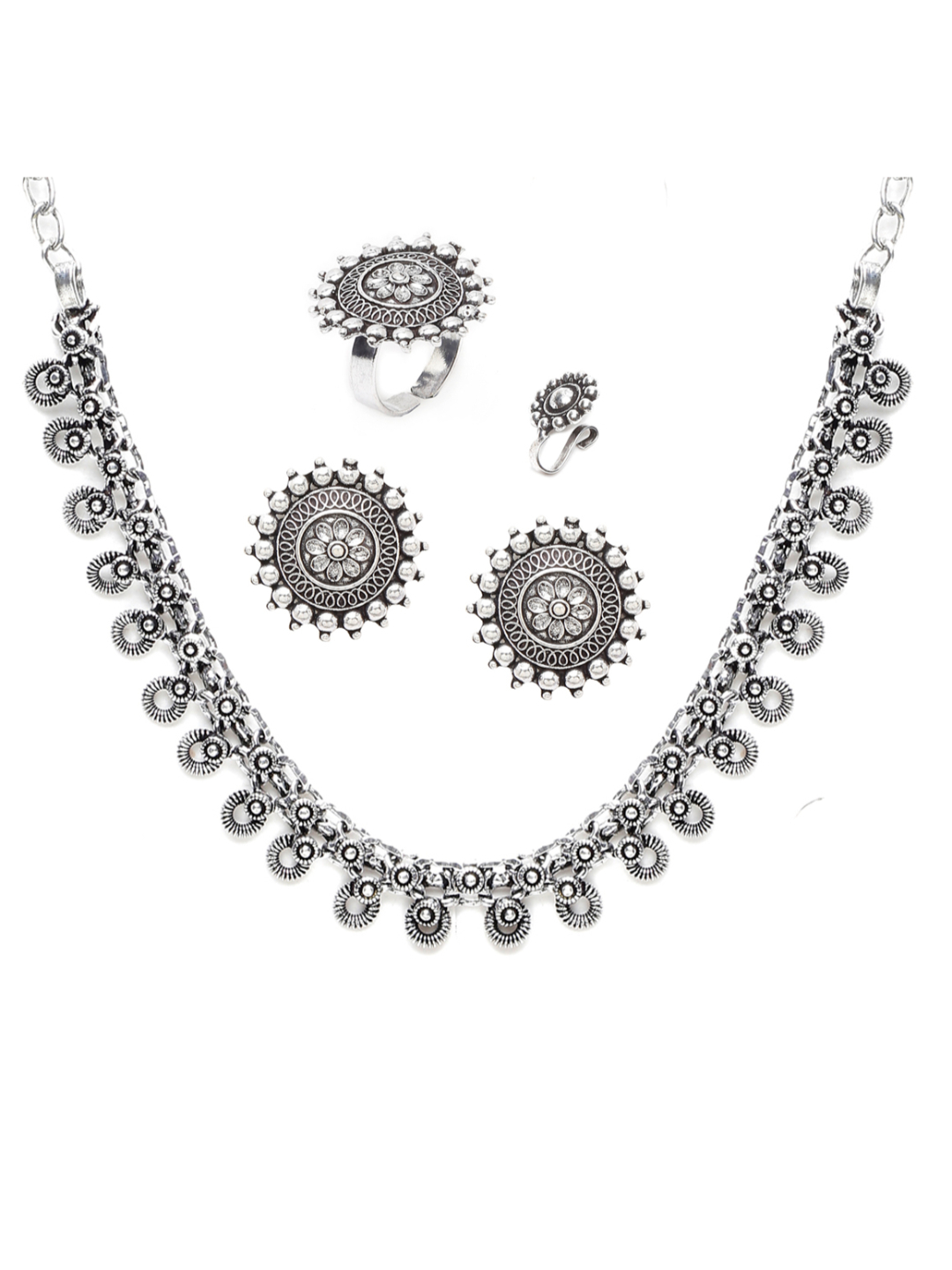 YouBella Jewellery Set for Women Oxidised Silver TradItional Necklace Jewellery Set with Earrings , Rings and Nose Clip for Girls and Women (Style 4)