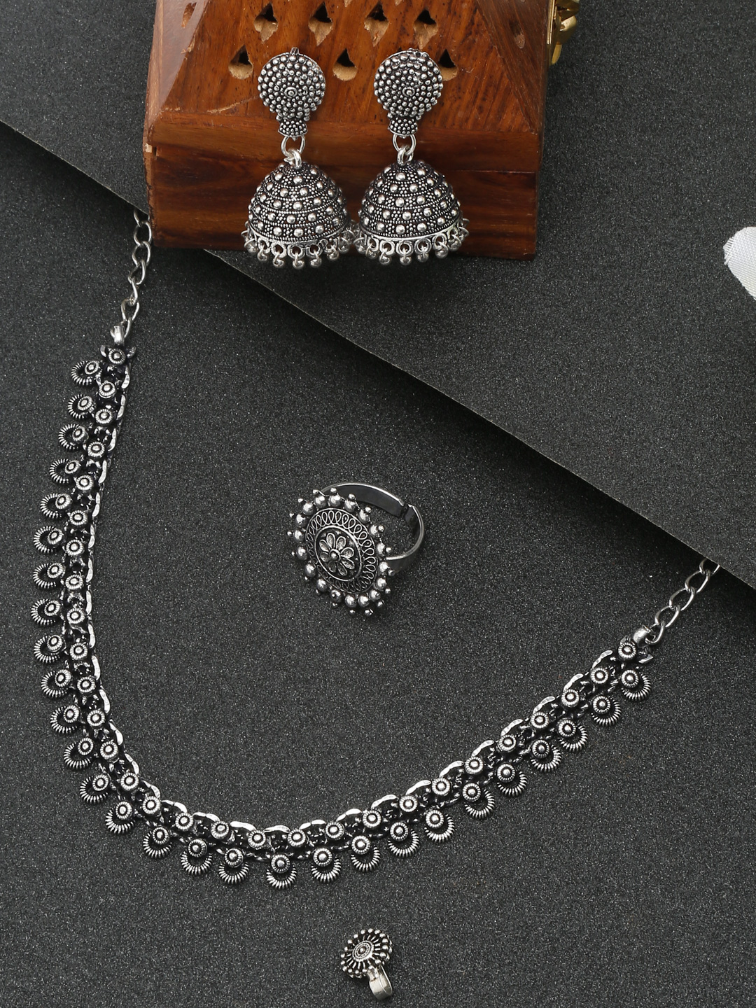 YouBella Jewellery Set for Women Oxidised Silver TradItional Necklace Jewellery Set with Earrings , Rings and Nose Clip for Girls and Women (Style 5)
