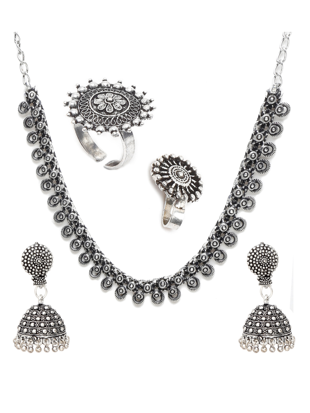 YouBella Jewellery Set for Women Oxidised Silver TradItional Necklace Jewellery Set with Earrings , Rings and Nose Clip for Girls and Women (Style 5)