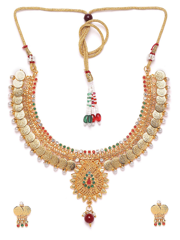 YouBella Green  Red Gold-Plated Stone-Studded Beaded Jewellery Set