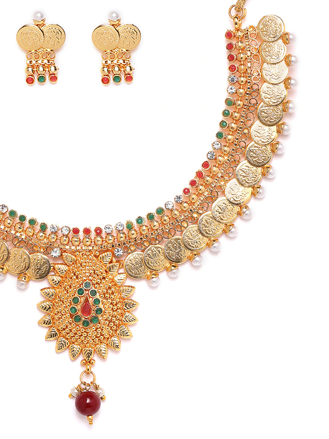 YouBella Green  Red Gold-Plated Stone-Studded Beaded Jewellery Set