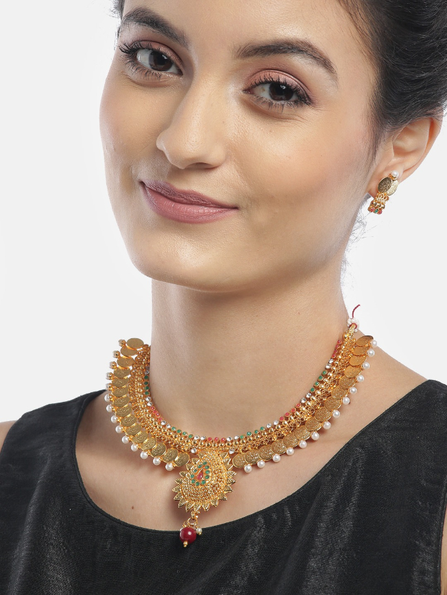 YouBella Green  Red Gold-Plated Stone-Studded Beaded Jewellery Set