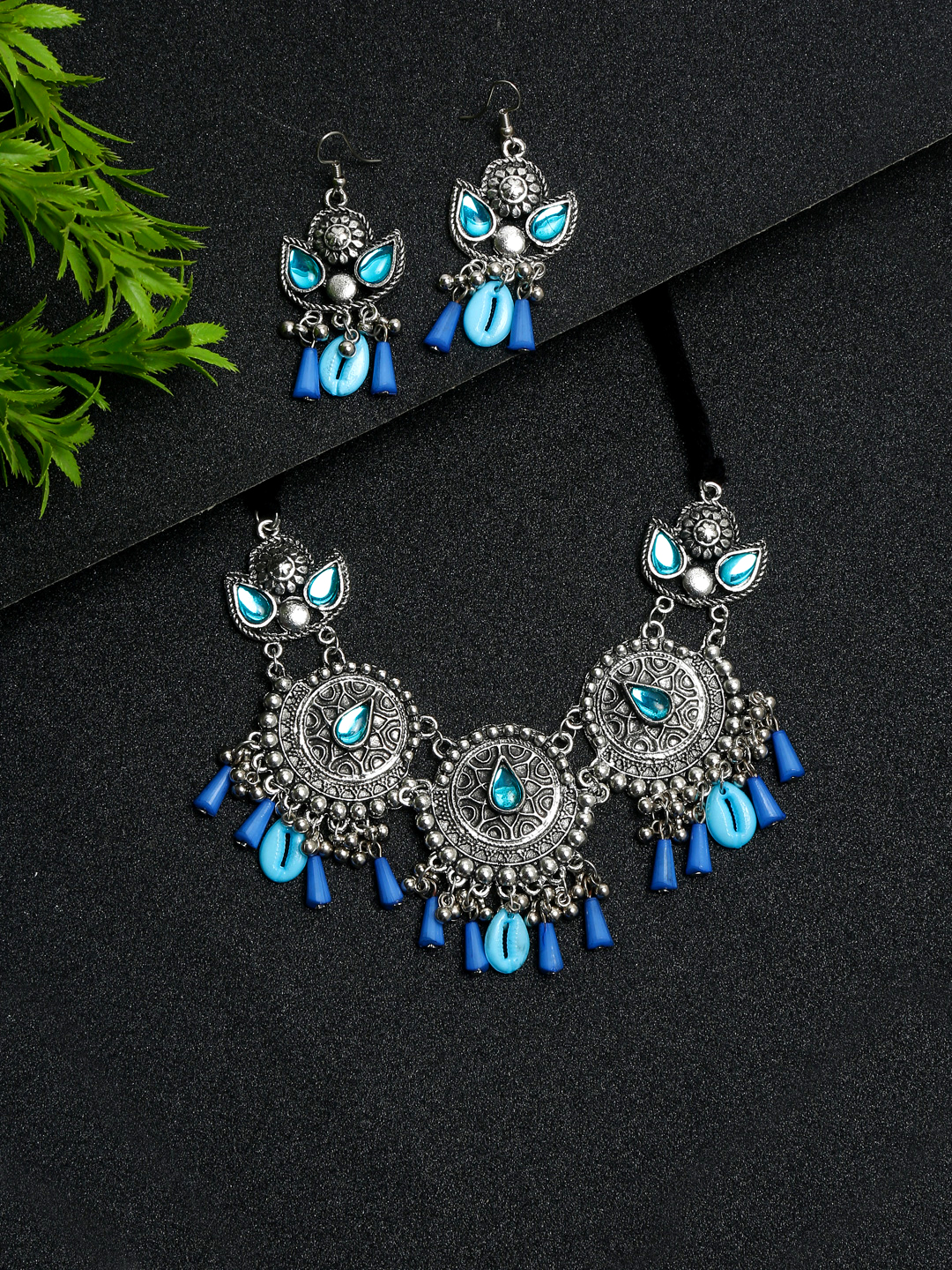 YouBella Jewellery Oxidised Silver Necklace Jewellery Set with Earrings for Girls and Women (Blue) (YBNK_50531)
