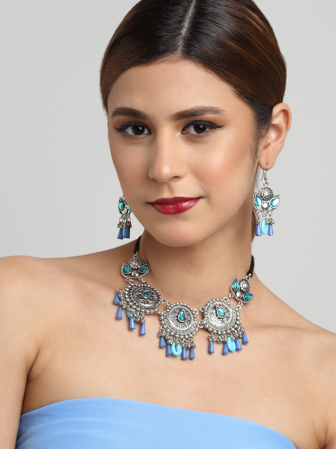 YouBella Jewellery Oxidised Silver Necklace Jewellery Set with Earrings for Girls and Women (Blue) (YBNK_50531)