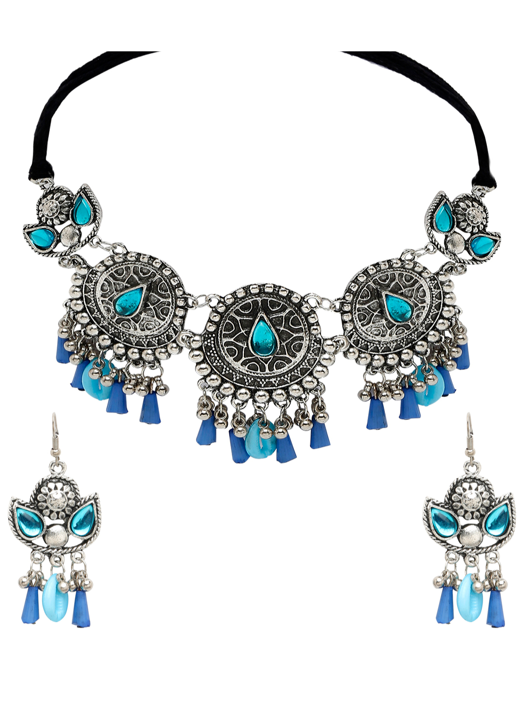 YouBella Jewellery Oxidised Silver Necklace Jewellery Set with Earrings for Girls and Women (Blue) (YBNK_50531)