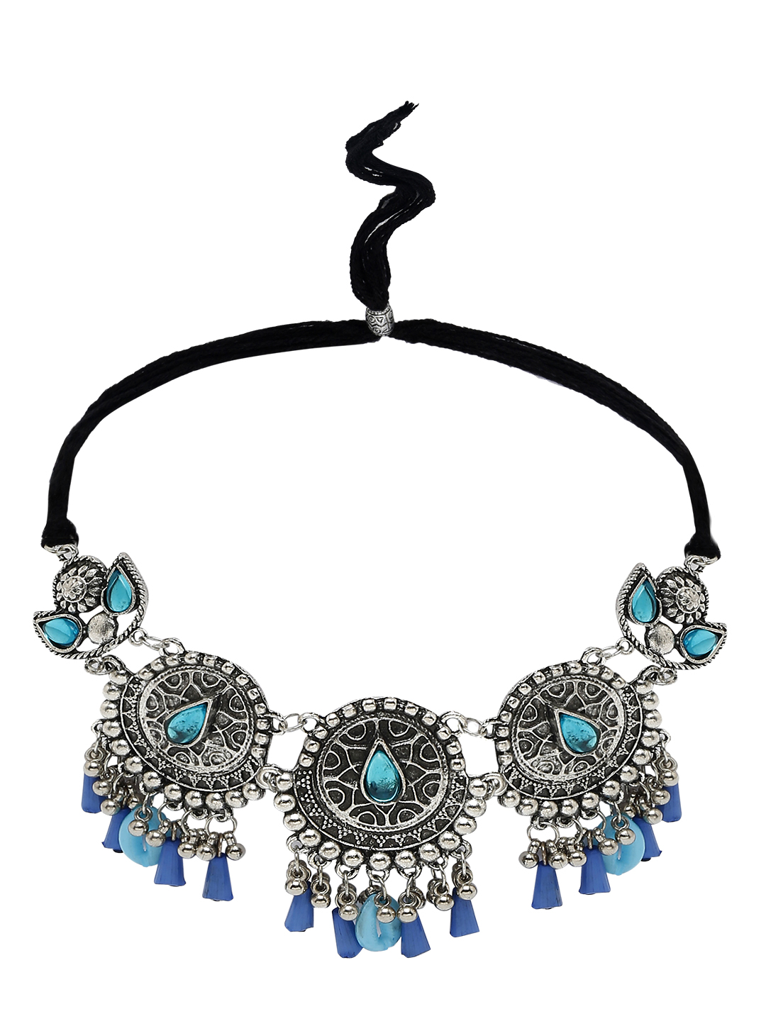 YouBella Jewellery Oxidised Silver Necklace Jewellery Set with Earrings for Girls and Women (Blue) (YBNK_50531)