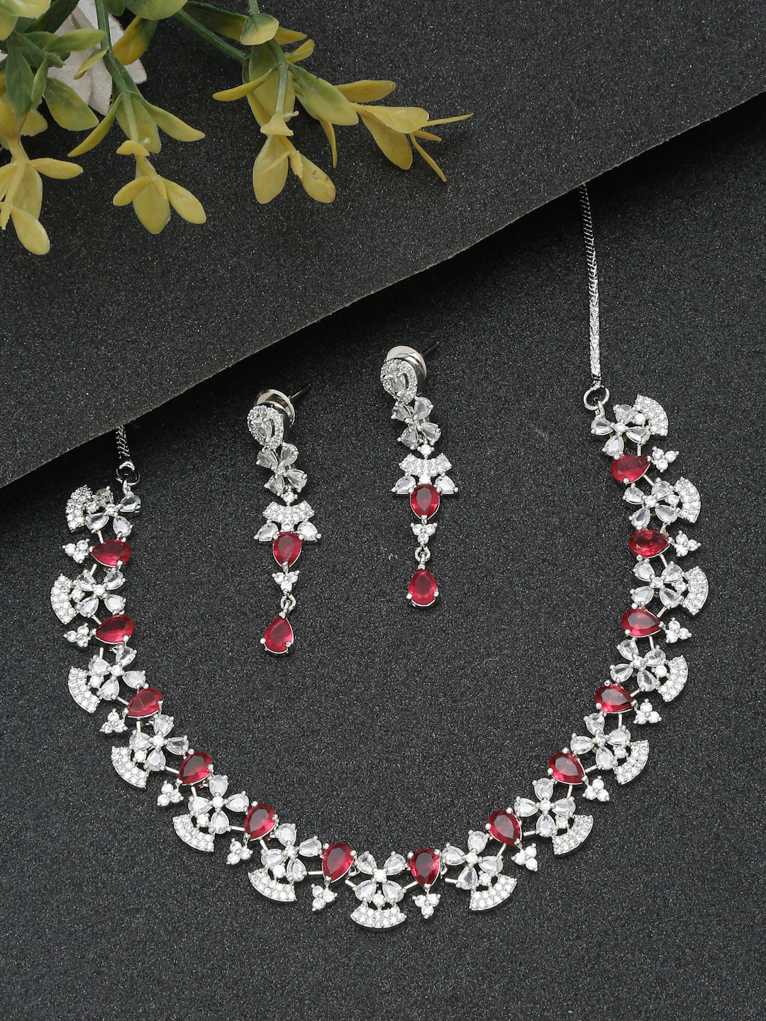 YouBella Jewellery Celebrity Inspired American Diamond Studded Necklace Jewellery Set with Earrings for Girls and Women (Silver) (YBNK_50539)