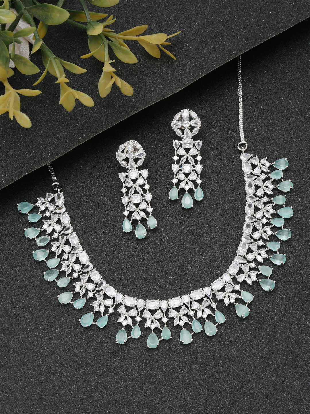 YouBella Jewellery Celebrity Inspired American Diamond Studded Necklace Jewellery Set with Earrings for Girls and Women (Silver) (YBNK_50540)