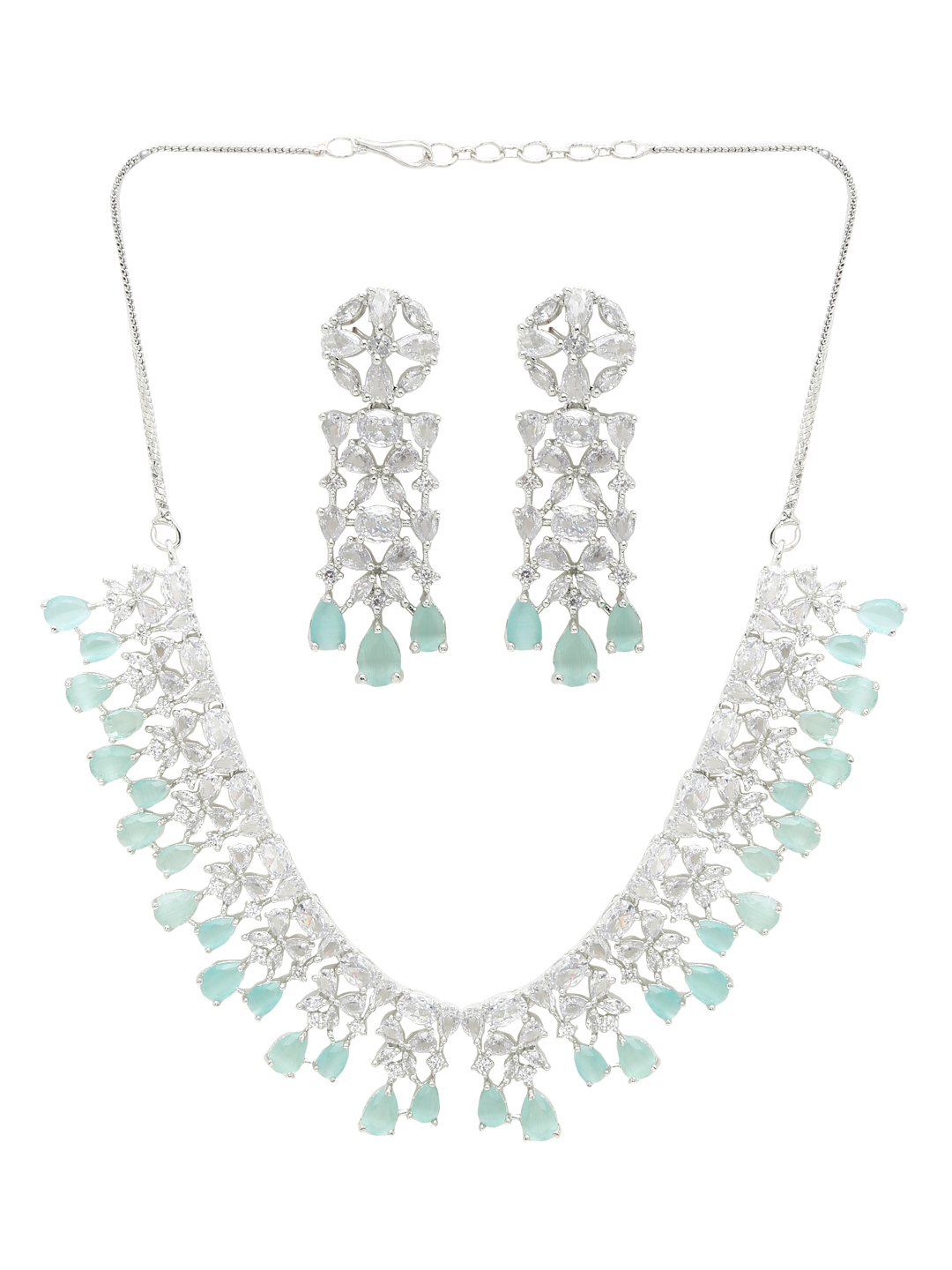 YouBella Jewellery Celebrity Inspired American Diamond Studded Necklace Jewellery Set with Earrings for Girls and Women (Silver) (YBNK_50540)
